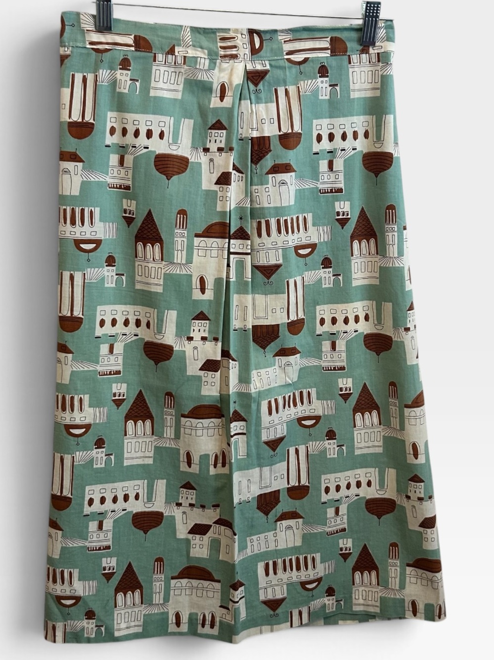 Vintage Women's Printed A-Line Cotton Midi Skirt in Mint and Brown